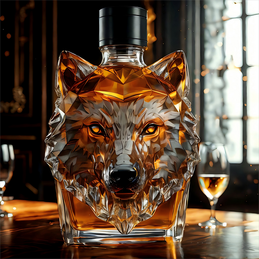 “Howl's Haven: Wolf - Crested Whiskey Bottle”