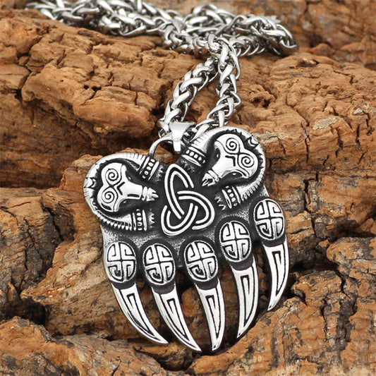 Viking Bear Paw Vintage Stainless Steel Odin Logo Men's Necklace