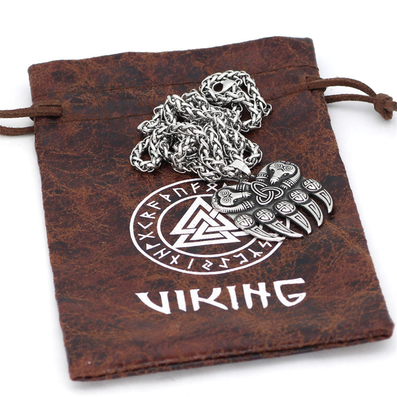 Viking Bear Paw Vintage Stainless Steel Odin Logo Men's Necklace