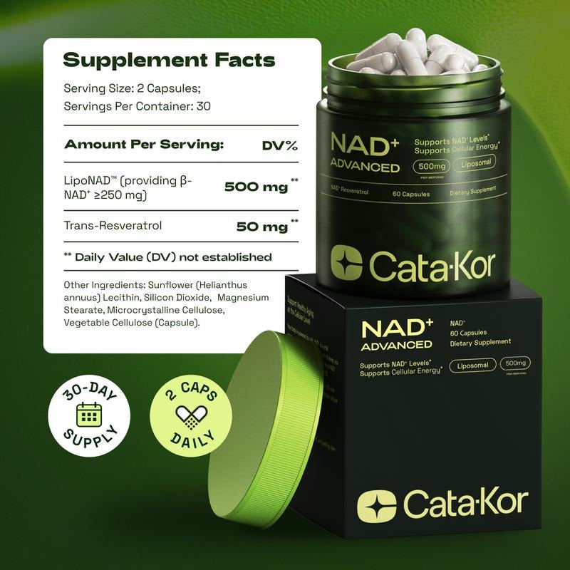 2x Cata-Kor NAD+ Advanced 🔋 – 500mg High-Power Supplement for Energy ⚡ & Healthy Aging 🌿 (120 Caps / 60-Day Supply)