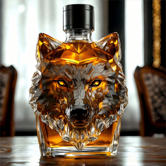 “Howl's Haven: Wolf - Crested Whiskey Bottle”