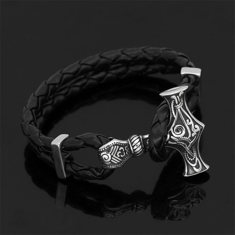 Thor hammer leather bracelet Viking totem titanium steel bracelet