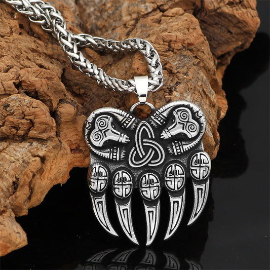 Viking Bear Paw Vintage Stainless Steel Odin Logo  Men's Necklace