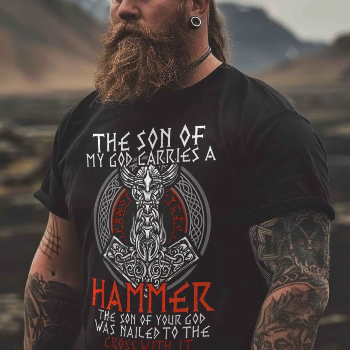 Viking The Son Of My God Carries A Hammer Printed Men's T-shirt