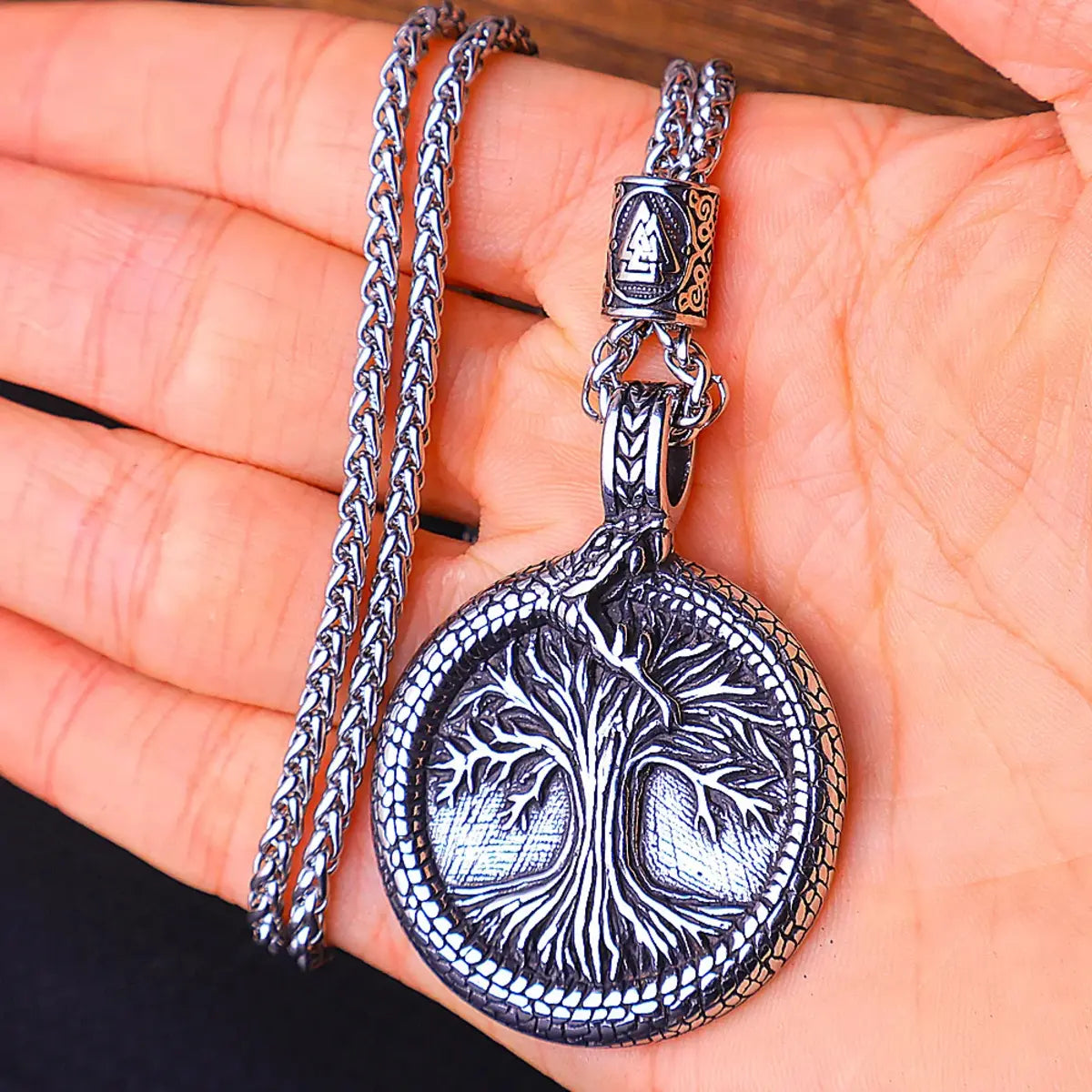 Viking Coiled Snake Tree Of Life Pendant Necklace