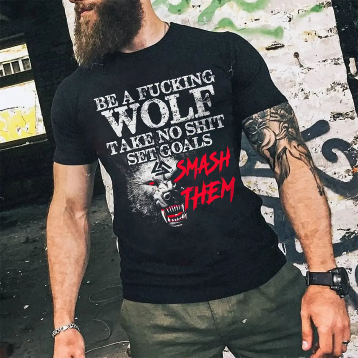 Viking Be F*cking Wolf Take No Shit Printed Men's T-shirt