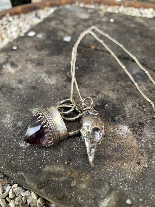 Amethyst and crow skull locket talisman