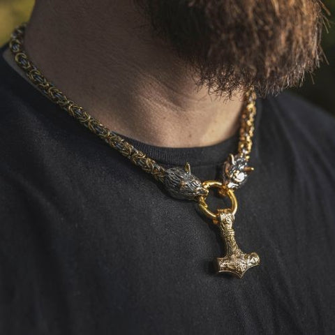 STAINLESS STEEL WOLF HEAD BYZANTINE CHAIN WITH MJOLNIR