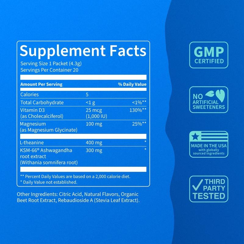 Calming Drink Mix with KSM-66 Ashwagandha, Vitamin D3, Magnesium & L-Theanine -Supports Cortisol Balance,Mood &Sleep,Helps Manage Occasional Stress-Travel Packets(20 Servings Each) (Pack of 2)