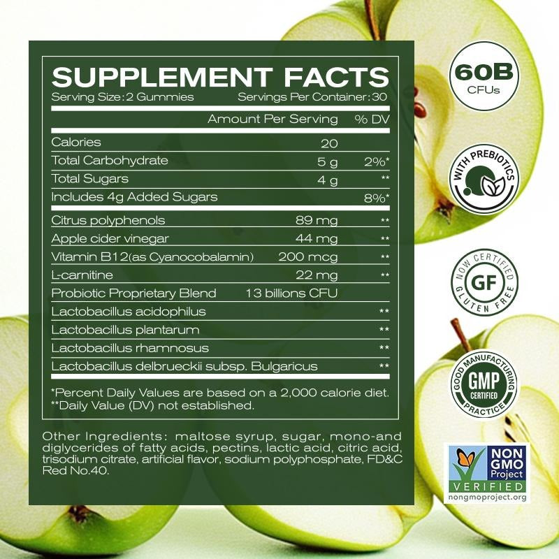 Apple Cider Vinegar Gummies Formulated to Support Normal Energy Levels & Gut Health - Supports Digestion, Detox & Cleansing - ACV Gummies W/VIT B12 Dietary Edible Fitness