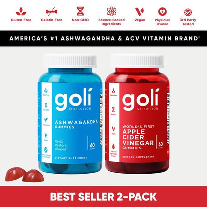 2 Bottles of Goli Top Sellers: 1 Bottle of Ashwagandha + 1 Bottle Apple Cider Vinegar Gummies Vitamins. Gelatin-Free, Gluten-Free, Vegan&Non-GMO